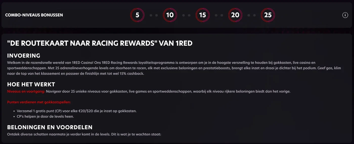 Racing Rewards van 1RED: 25 niveaus